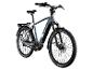 Graues E-Bike mit schwarzen Schutzblechen und Gepäckträger, Frontlicht und blauen Akzenten.