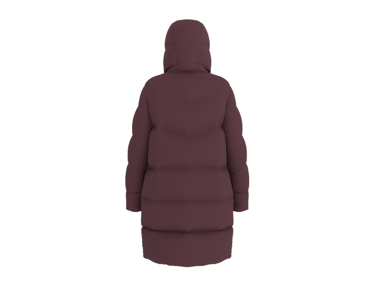 Dunkelrote lange Daunenjacke mit Kapuze, Rückansicht.