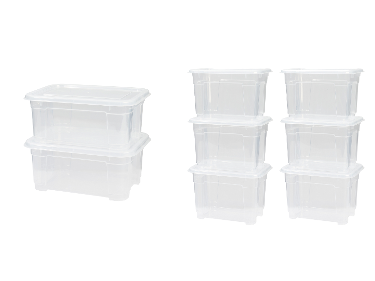 W5 Klarsichtboxen mit Deckel: ein 2er-Set und ein 6er-Set, übereinander gestapelt.