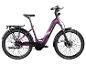 Lila Elektrofahrrad mit Gepäckträger und Federgabel