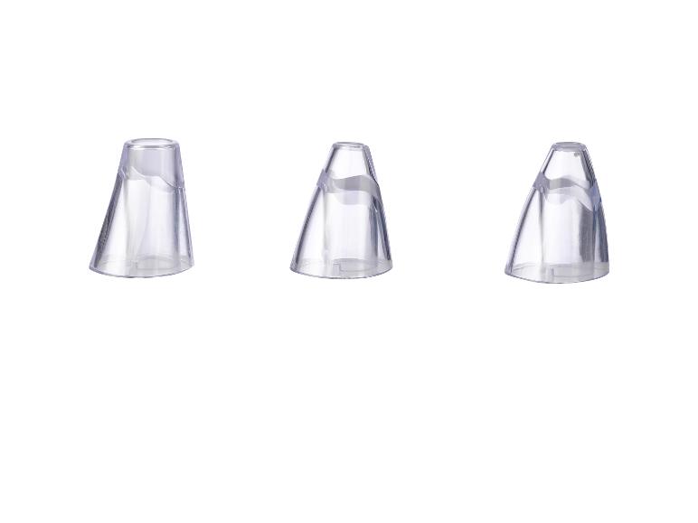 Drei transparente Aufsätze für ein Gesichtsreinigungsgerät.