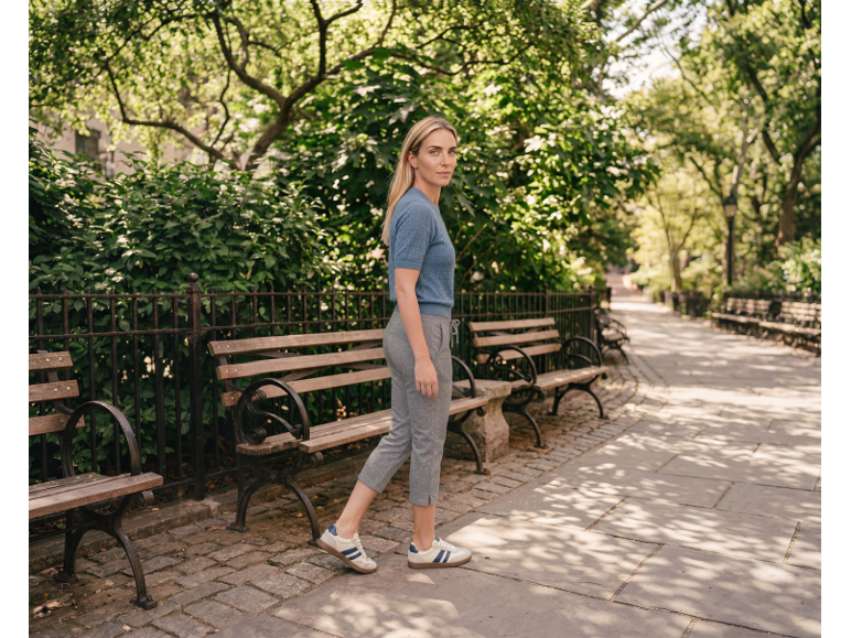Frau in grauer Hose und blauem Oberteil geht in einem Park spazieren.