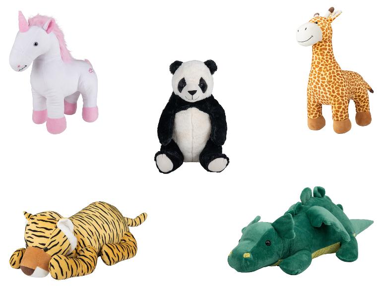 Eine Sammlung von Stofftieren, darunter Einhorn, Panda, Giraffe, Tiger und Drache.