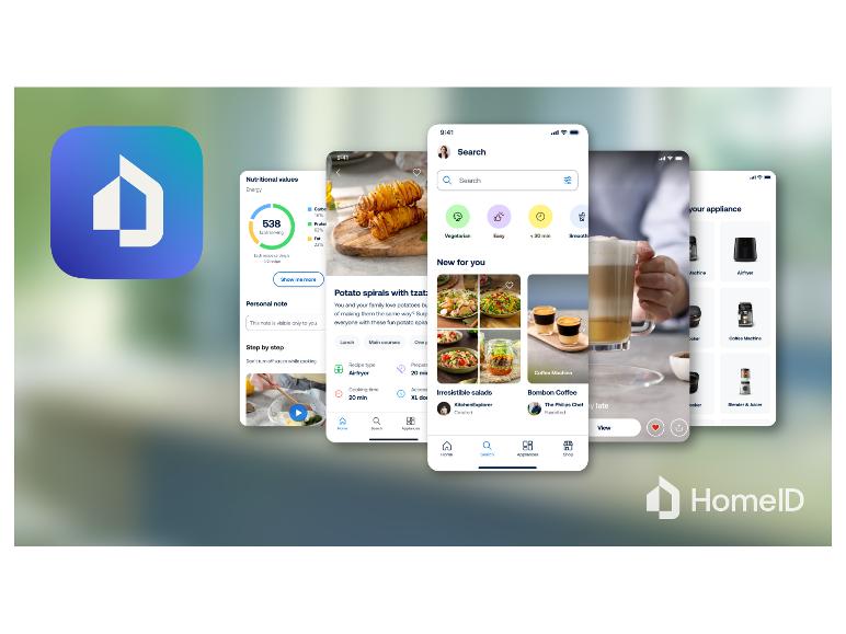 HomeID-App mit Rezepten für Kartoffelspiralen, Salate, Kaffee und verschiedene Küchengeräte.
