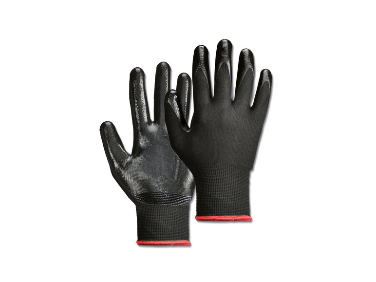 Zwei schwarze Arbeitshandschuhe mit rotem Rand.