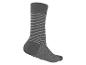 Graue Socke mit horizontalen weißen Streifen.