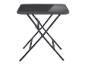 Schwarzer Klapptisch mit Glasplatte.