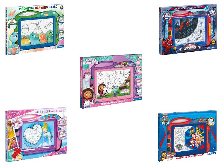 Eine Sammlung magnetischer Zeichentafeln mit Dinosaurier-, Spider-Man-, Disney Prinzessinnen-, Gabbys Puppenhaus- und Paw Patrol-Themen.