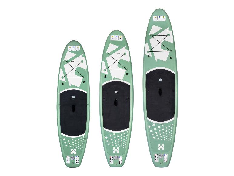 Drei HOME DELUXE Stand Up Paddle Boards Moana mintgrün in verschiedenen Größen.