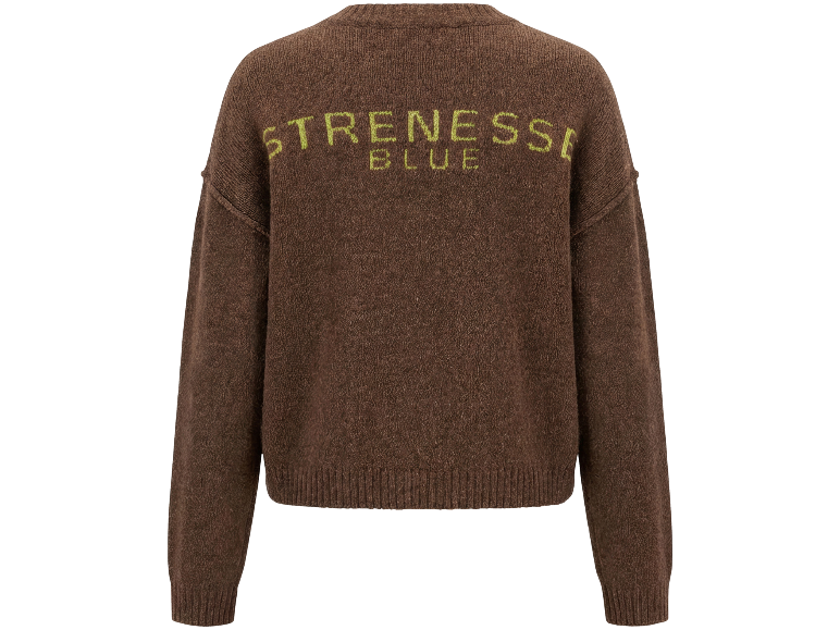Brauner Strickpullover mit limettengrüner Aufschrift auf dem Rücken