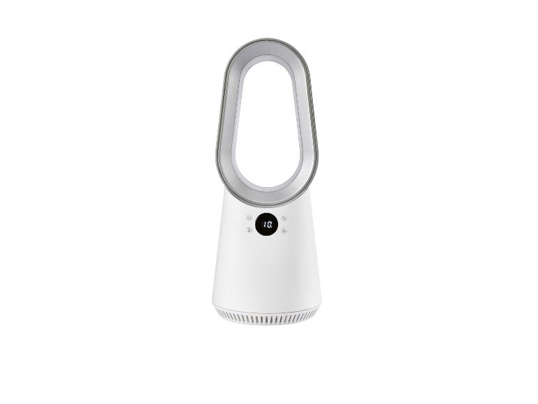 Weißer turmförmiger Bladeless-Ventilator mit Digitalanzeige und Touch-Bedienelementen.
