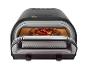 Schwarzer Pizzaofen mit Pizza darin, Bedienelementen für verschiedene Krustentypen und Temperatureinstellungen.