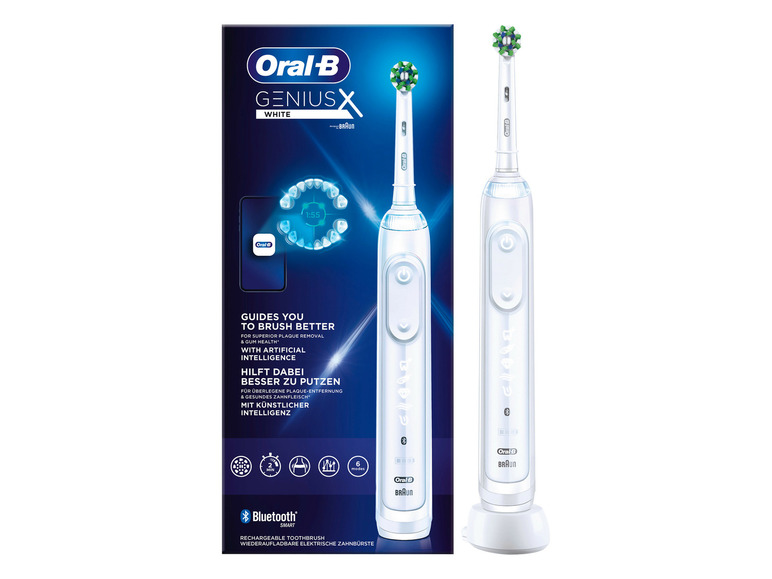 Eine weiße Oral-B Genius X elektrische Zahnbürste mit Bluetooth.