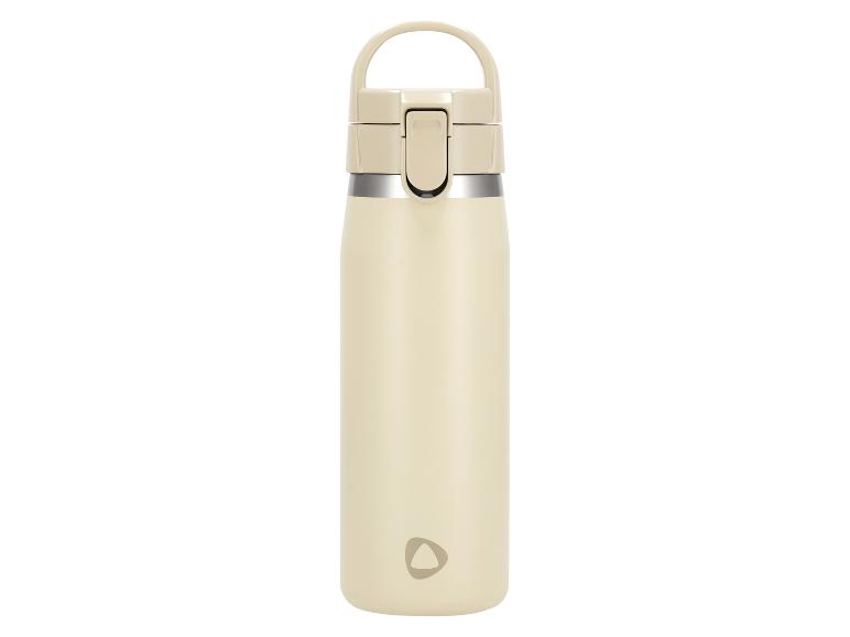 Cremefarbene Thermosflasche mit Griff und Klappdeckel