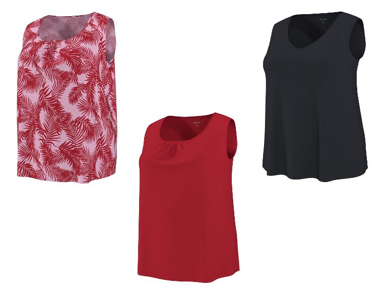 Drei ärmellose Damen-Tops: eines rosa mit rotem Blattmuster, eines rot und eines schwarz.
