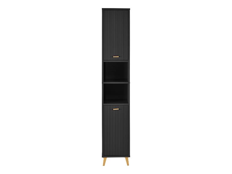 Schwarzer Hochschrank mit offenen Regalen und goldenen Griffen.