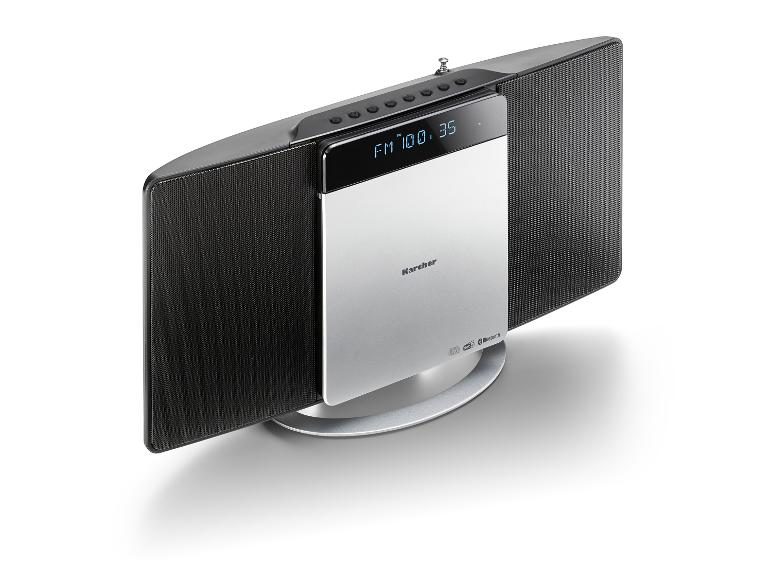 Silbernes Mikro-Stereo-System mit FM/DAB+ Radio, CD-Player und Bluetooth-Konnektivität.