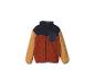 Kinder-Fleecejacke in Farbblöcken: Dunkelblau, Orange und Beige.