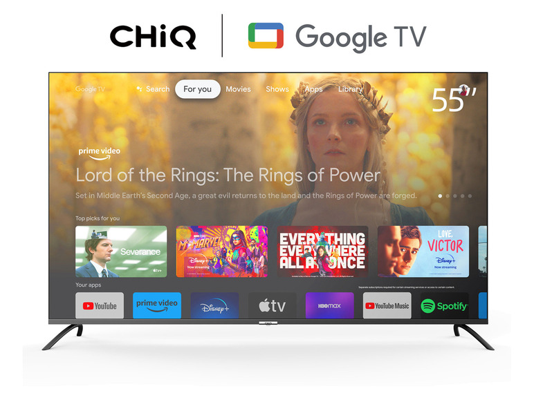 Ein 55 Zoll großer CHIQ-Fernseher mit Google TV, mit Apps wie Prime Video, YouTube und Disney+.