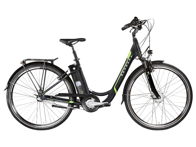 Schwarzes Zündapp E-Bike mit grünen Details und Gepäckträger.