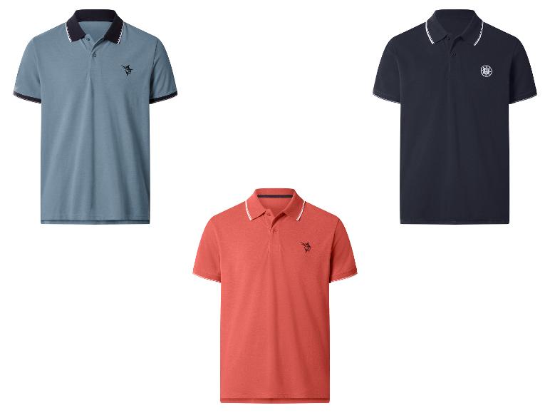 Drei Herren-Poloshirts in Blau, Rot und Marineblau, mit kontrastierenden Kragen und Ärmelbündchen.