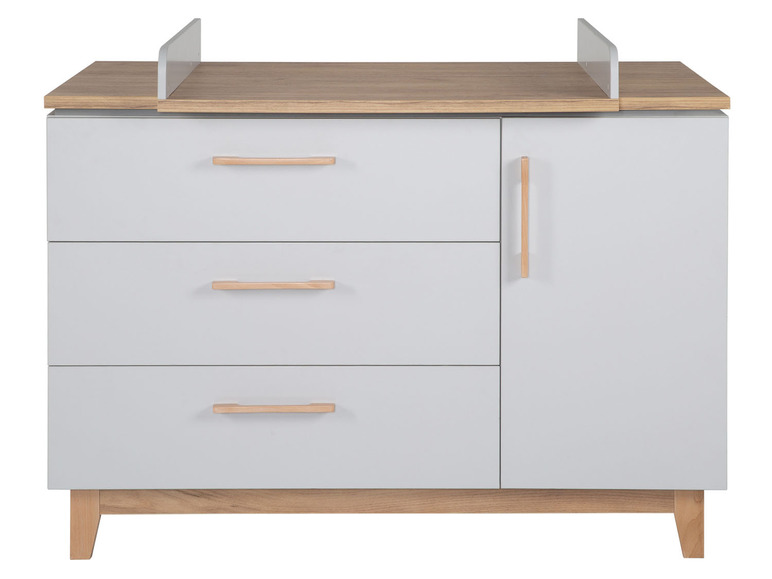 Graue Kommode mit drei Schubladen und einem Schrank, mit Holzdetails.