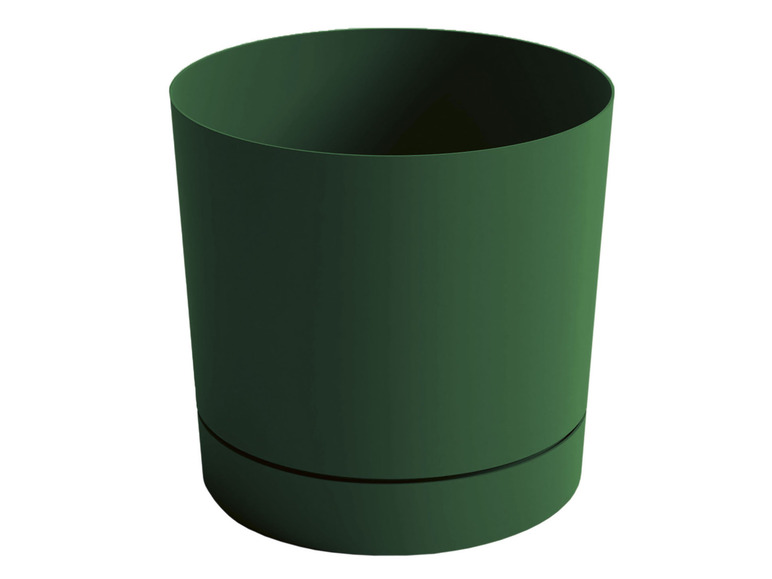 Ein dunkelgrüner Blumentopf.