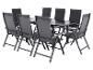 Gartenmöbel-Set mit schwarzem Tisch und acht Klappstühlen.