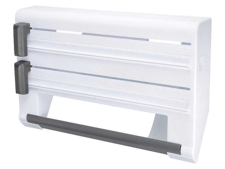 Weißer Wandfolienabroller mit zwei Fächern und einem Küchenrollenhalter.