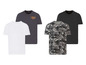 Drei T-Shirts von Livergy: ein weißes, ein Camouflage und ein dunkelgraues mit Aufdruck.