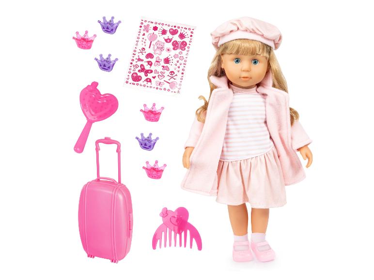 Blonde Puppe in Rosa, Koffer, Haarschmuck und Aufkleber