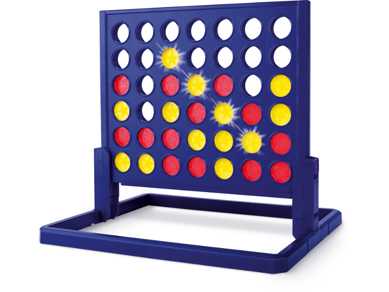 Klassisches Vier-gewinnt-Spiel mit Kunststoffrahmen und farbigen Spielsteinen.