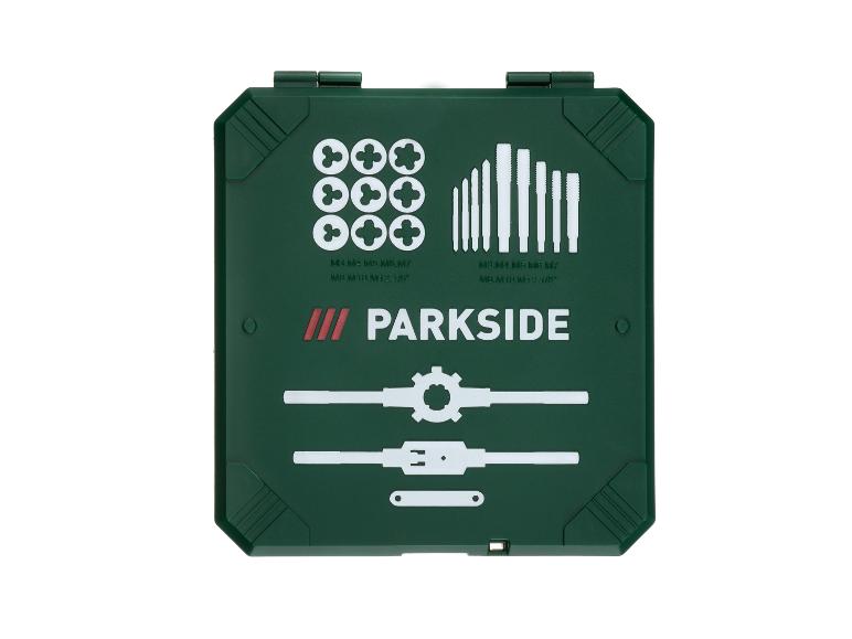 PARKSIDE Gewindeschneidsatz in grüner Box, mit Größen M3 bis M12 und 1/8'.