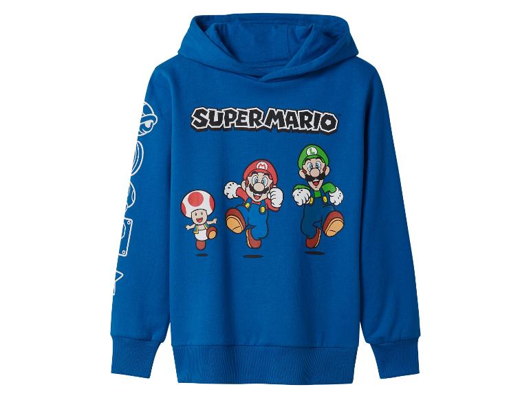 Blauer Super Mario Hoodie mit Aufdrucken auf den Ärmeln.