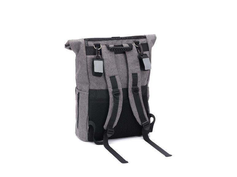 Grauer Rucksack mit schwarzen Trägern und reflektierenden Details