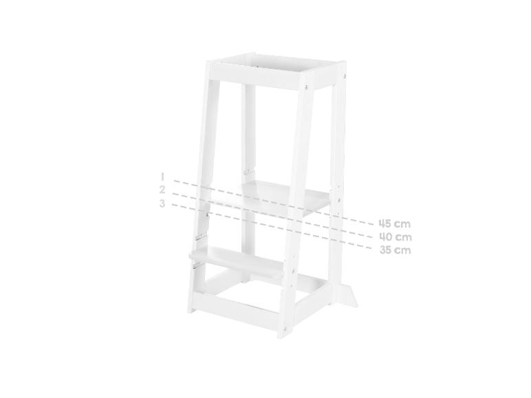 Weißer Lernturm mit verstellbarer Plattform auf 45, 40 und 35 cm.