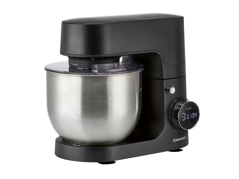 Schwarze SilverCrest Küchenmaschine mit Edelstahlschüssel und Digitalanzeige.