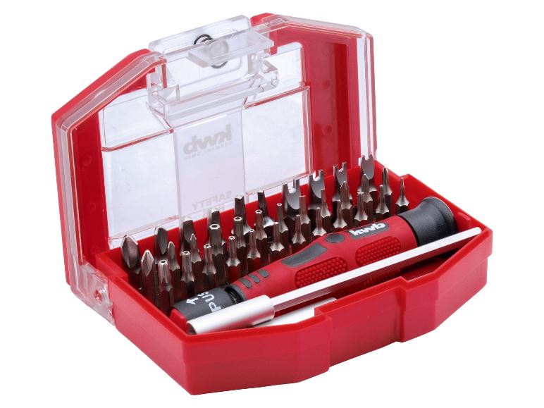 Schraubendreher-Bit-Set mit Griff und Verlängerung in roter Box.