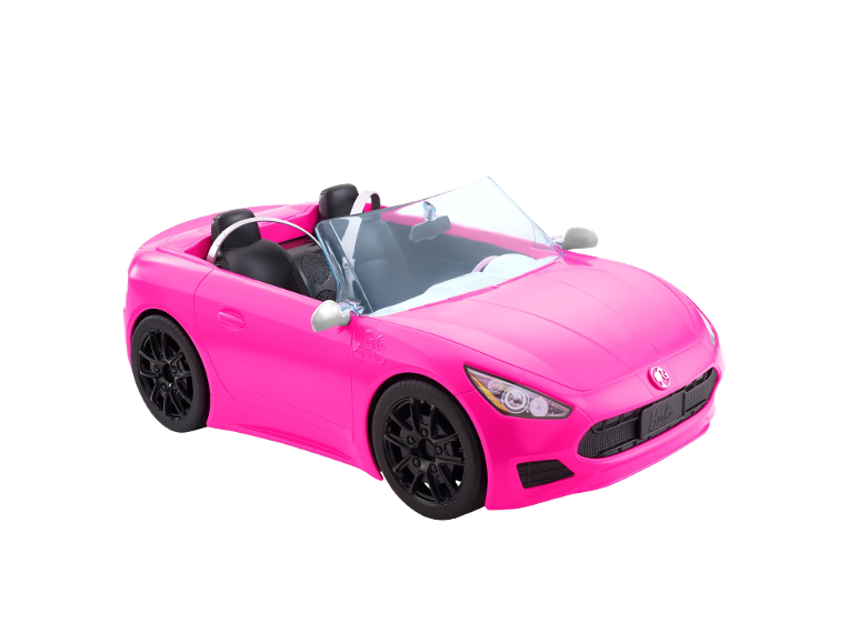Rosa Spielzeug-Cabriolet mit schwarzen Sitzen und Felgen.