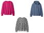 Drei Sweatshirts: eines in Fuchsia, eines in Blau und eines in Grau mit Leopardenmuster.