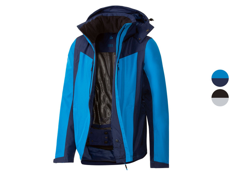 Eine blaue und dunkelblaue wasserdichte Jacke mit Kapuze.