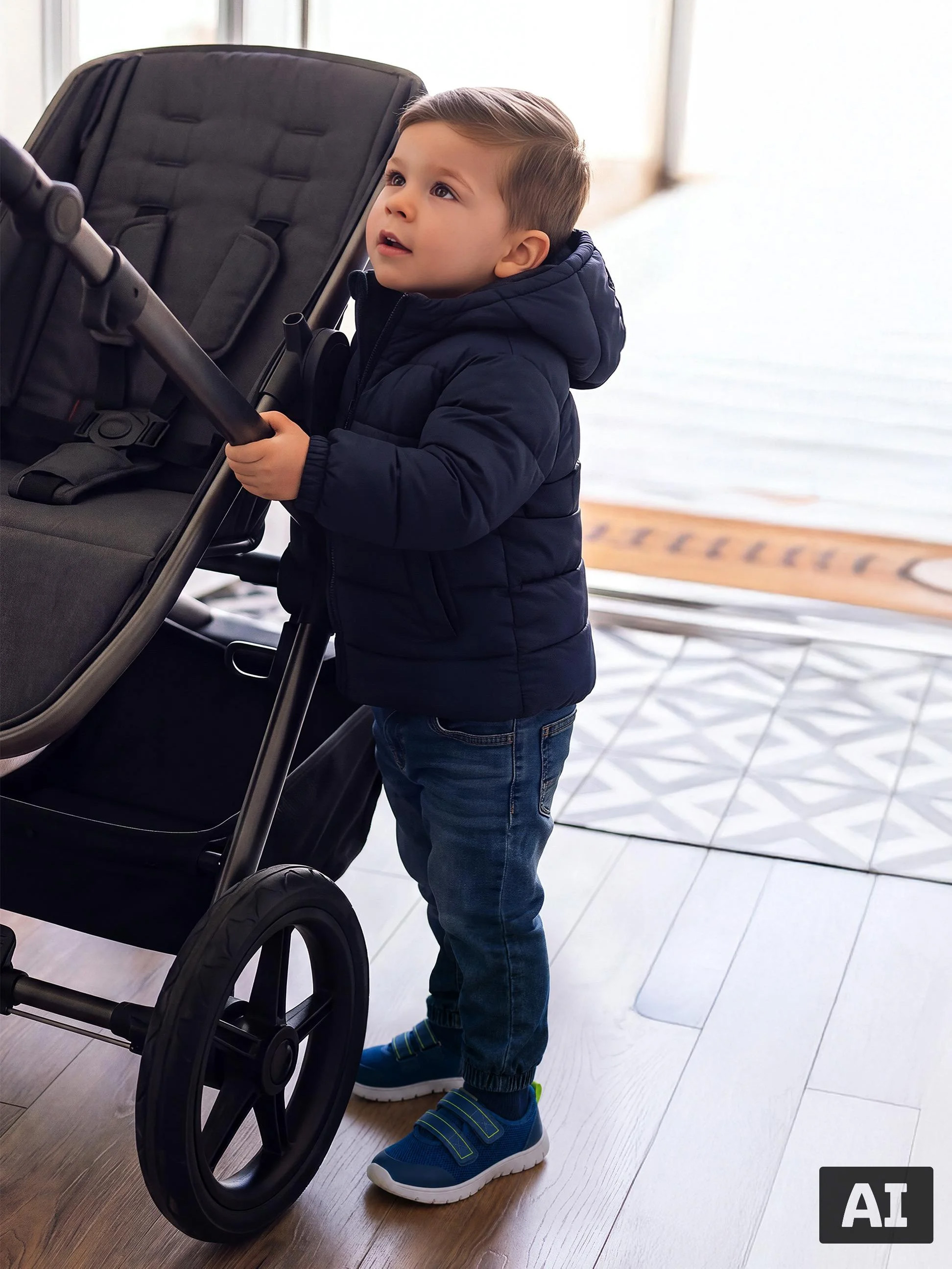 Kleinkind in dunkelblauer Winterjacke und Jeans steht neben einem Kinderwagen.