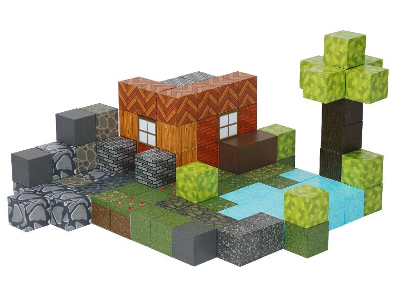 Pixel-Baustein-Set, das ein Haus, einen Baum und eine Landschaft darstellt.