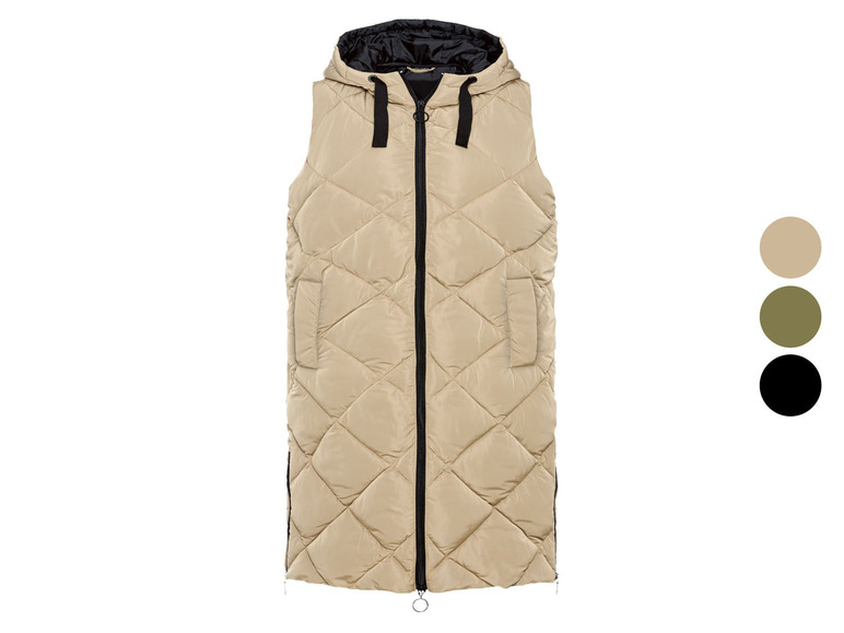 Beige wattierte Weste mit Kapuze.