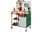 Hölzerne Spielwerkbank mit Werkzeugen, Werkzeugkasten und einer Hausbau-Aktivitätstafel.