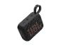 JBL Go 3 tragbarer Bluetooth-Lautsprecher in Schwarz mit orangefarbenem Logo und Schlaufe.