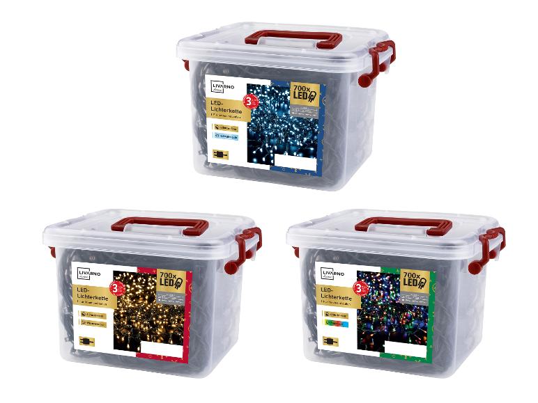 Drei transparente Boxen mit Livarno Home LED-Lichterketten in Blau, Warmweiß und Mehrfarbig.