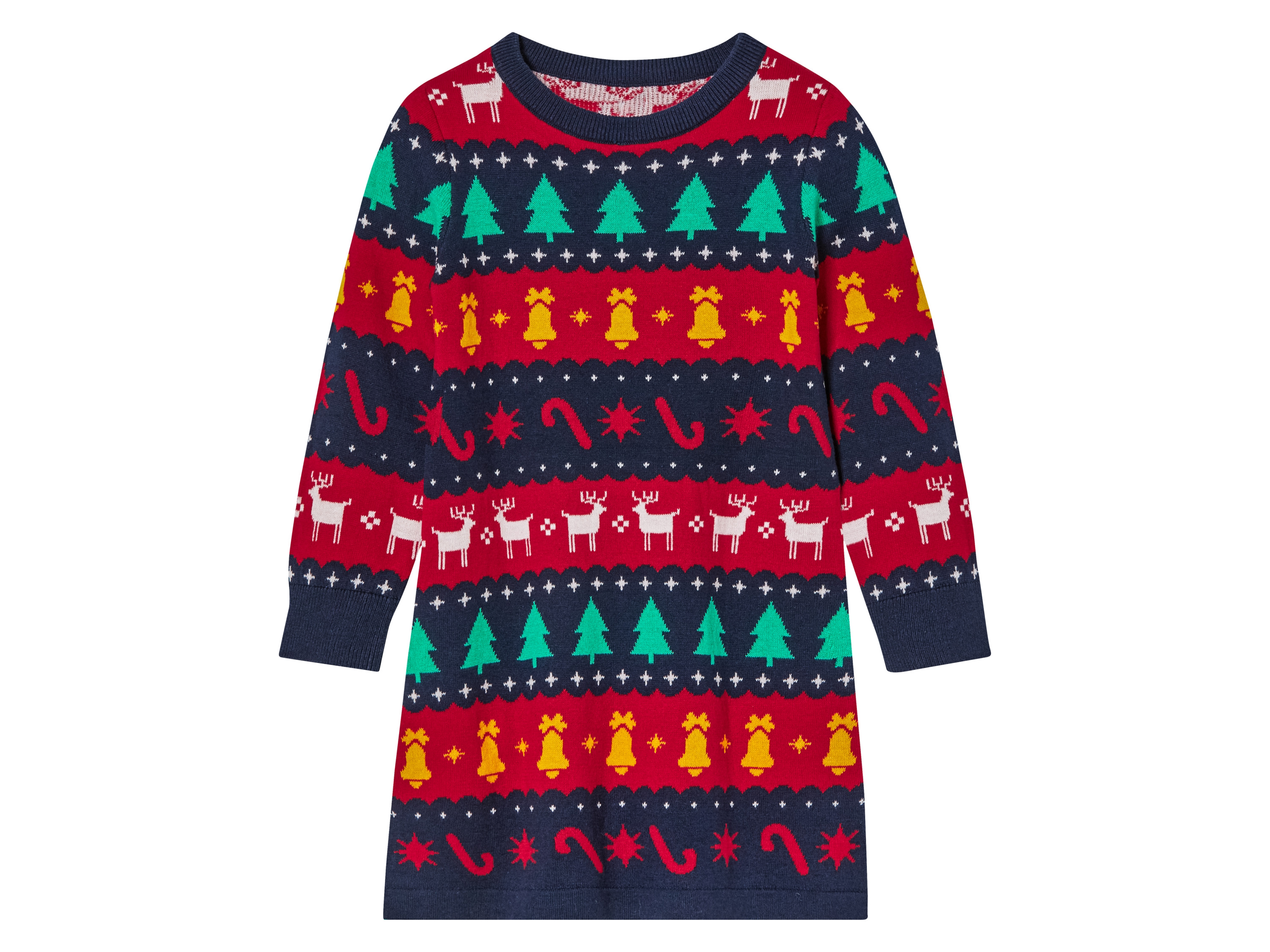 lupilu® Kleinkinder Mädchen Strickkleid Weihnachten (98/104, Streifen/navy/rot)““ | Streifen/navy/rot Muster: mit weihnachtlichen Motiven Detail: Rippbündchen am Ärmelabschluss Ausschnitt: Rundhalsausschnitt Ärmellänge: – Material: Baumwolle Pflegehinweis: waschen bei max. 40 °C nicht bleichen nicht im Wäschetrockner trocknen bügeln bis 110 °C Stufe 1. Kein Bügeln mit Dampf nicht trockenreinigen Größe: 98/104 – 122/128 Meine Lidl-Größe – so einfach gehts Deine Größe findest du in der Lidl-Größentabelle . Oeko-Tex® Standard 100 Geprüft auf Schadstoffe Zertifizierungsnummer: 17.0.07515 Hohenstein Htti Standard 100 by Oeko-Tex® ist die weltweit bekannteste, unabhängige Zertifizierung schadstoffgeprüfter Textil- und Lederprodukte aller Art – vom Garn und den Stoffen bis hin zum gebrauchsfertigen Artikel. Das Label bestätigt