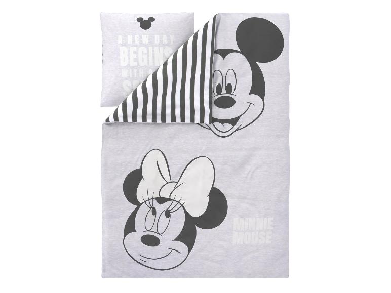 Graues Bettwäsche-Set mit Mickey und Minnie Maus, Streifen und Text.