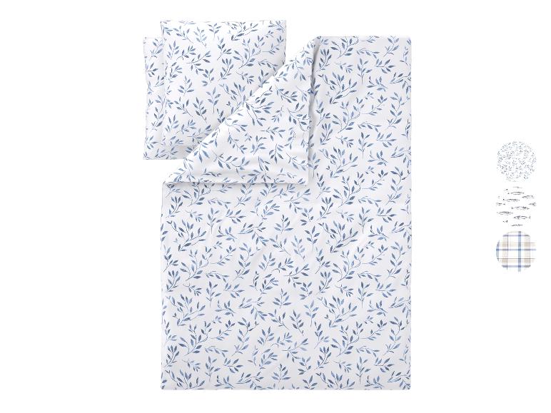 Bettwäsche-Set mit blauem Blättermuster und zusätzlichen Musterbeispielen.